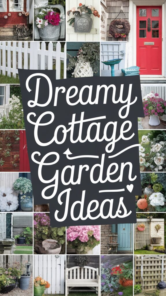 Collage of cottage garden images, featuring flowers, outdoor decor, and a bold title: "Dreamy Cottage Garden Ideas."