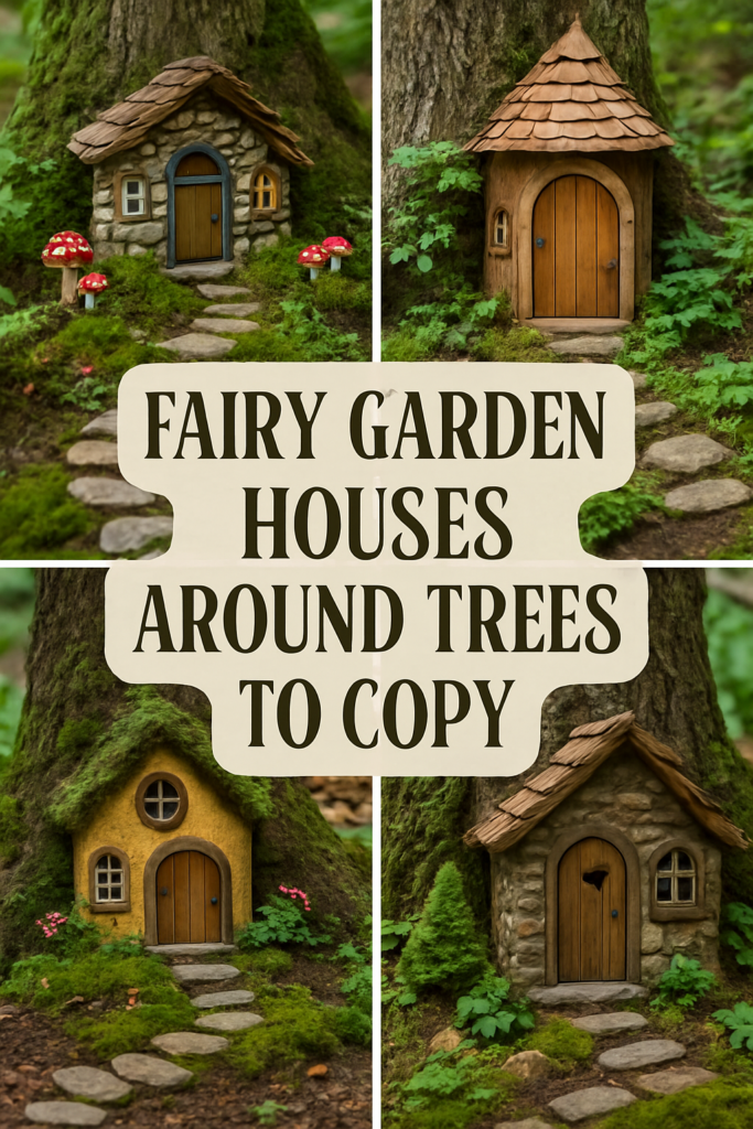 Four small fairy garden houses built around tree trunks, each with unique doors, surrounded by plants and mushrooms.