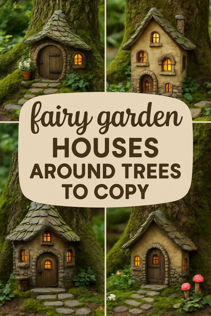 Model fairy houses with stone and wooden textures are nestled around tree trunks, illuminated warmly, with text reading "fairy garden houses around trees to copy."