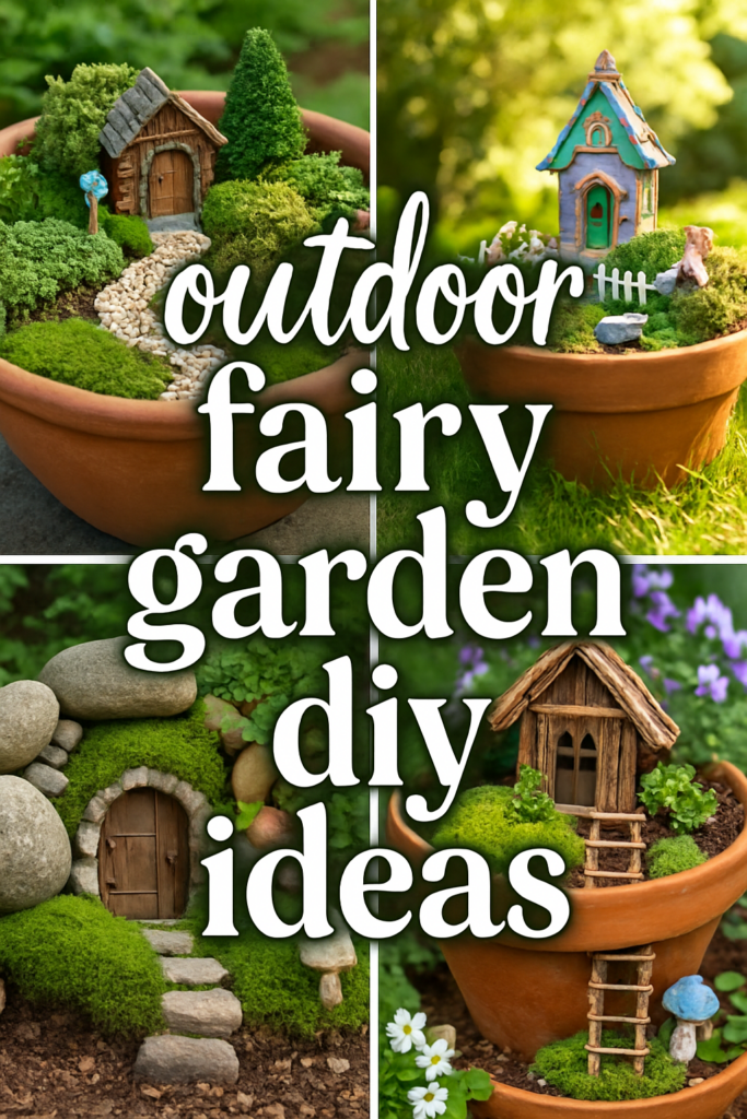 Four fairy garden designs in pots with tiny houses and greenery, featuring the text "outdoor fairy garden DIY ideas."