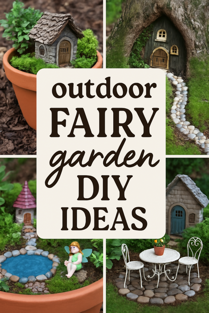 Collage of outdoor fairy gardens with mini houses, pathways, a fairy figurine, and a small table set in terracotta pots.