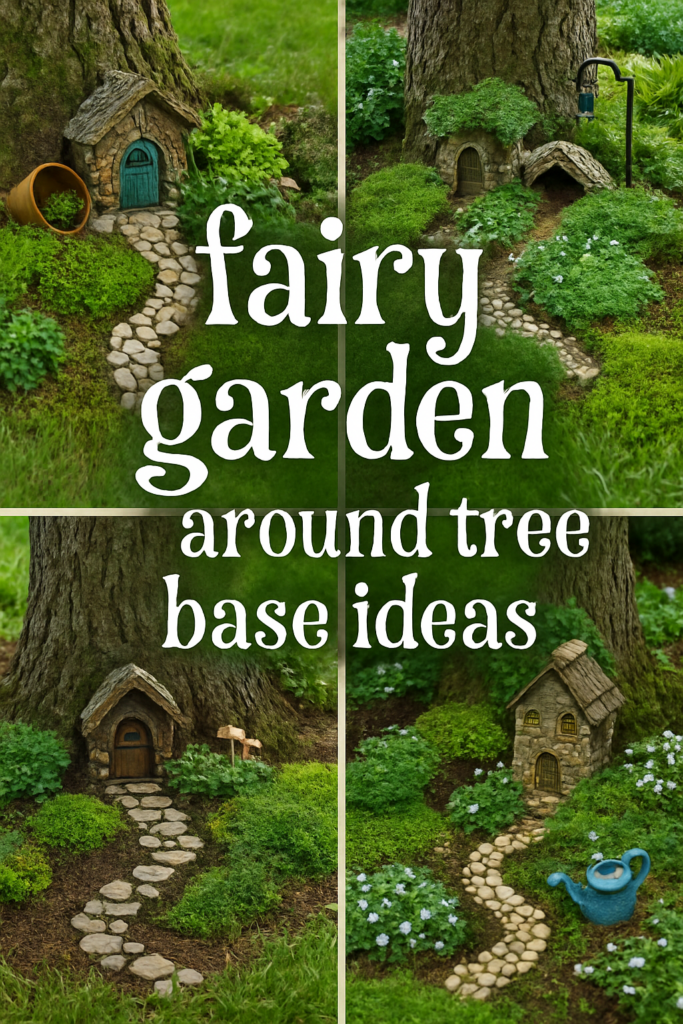 Miniature fairy garden with tiny houses and pathways around a tree base, set in lush greenery.