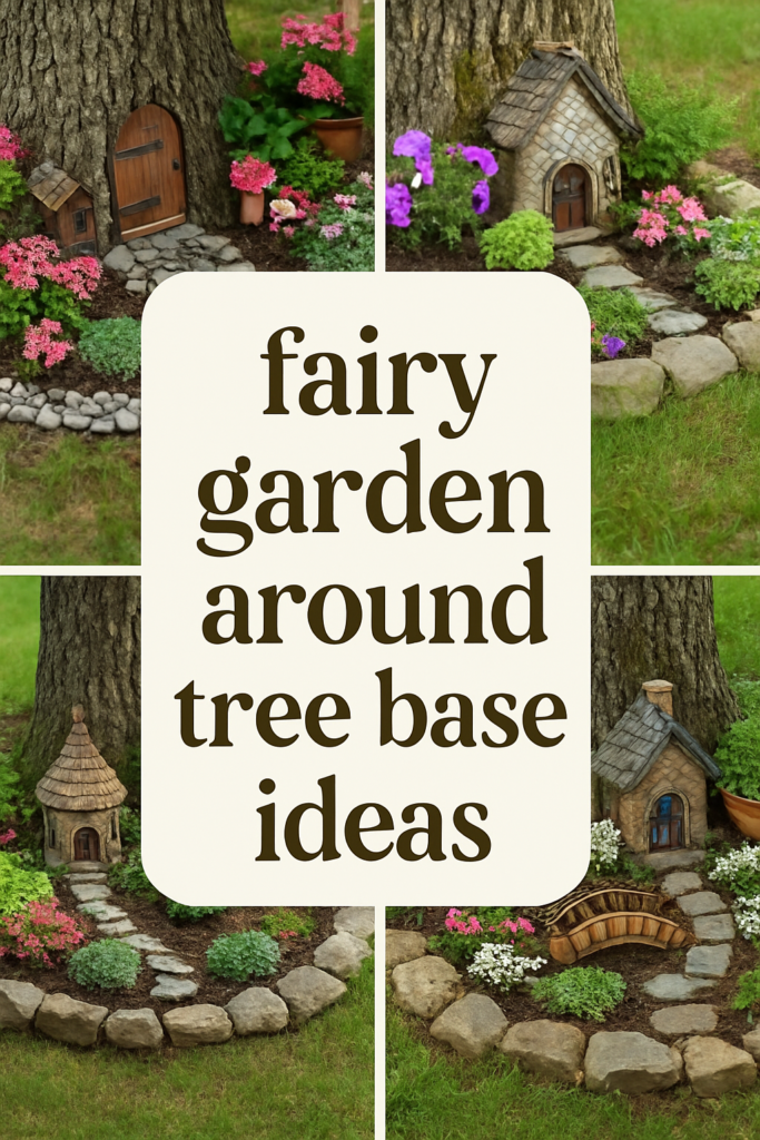 Four charming fairy garden designs at a tree base, featuring miniature houses, stone paths, and colorful flowers.