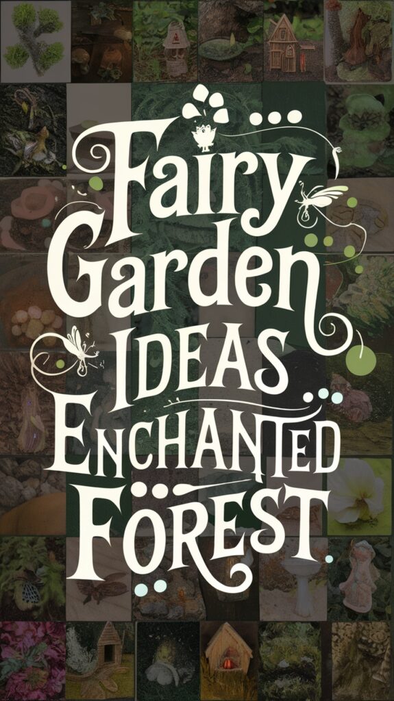 Stylized text reading "Fairy Garden Ideas Enchanted Forest" over a collage of whimsical garden images.