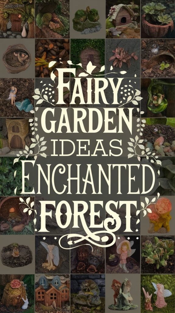 Collage of fairy garden ideas featuring small fairy houses, figurines, and natural elements with the text "Fairy Garden Ideas Enchanted Forest."