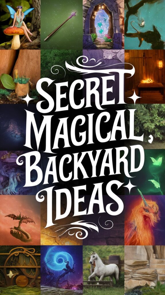 Collage of fantasy-themed images with the central text "Secret Magical Backyard Ideas."