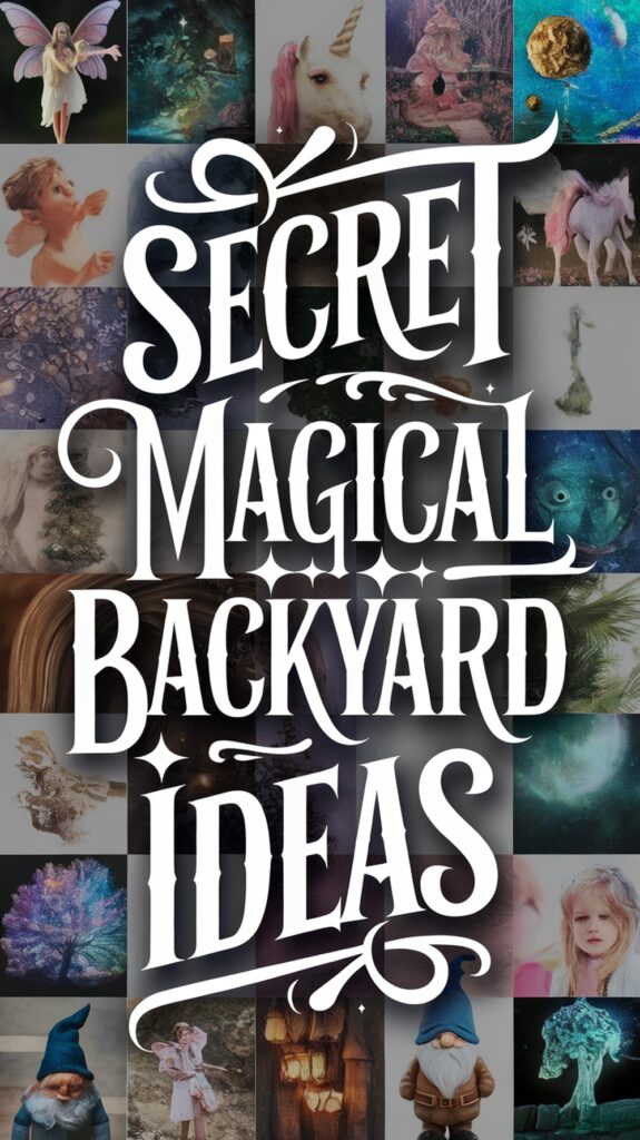 Collage of fantasy-themed images featuring fairies, unicorns, and gnomes, with the text "Secret Magical Backyard Ideas" in the center.