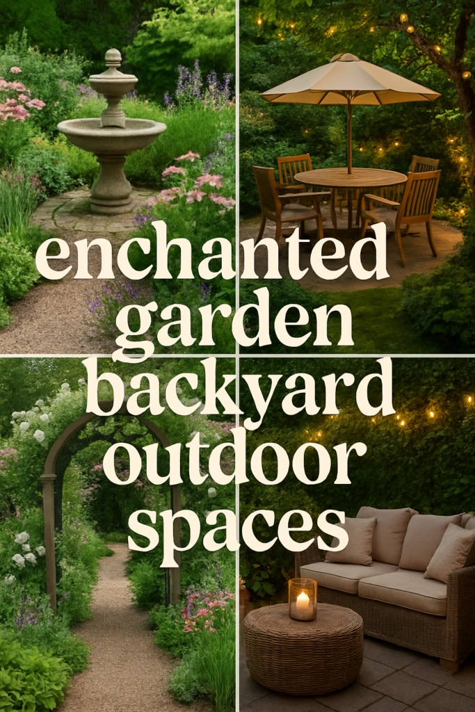 Collage of a garden with a fountain, a patio table with an umbrella, an archway surrounded by plants, and a cozy seating area with fairy lights.