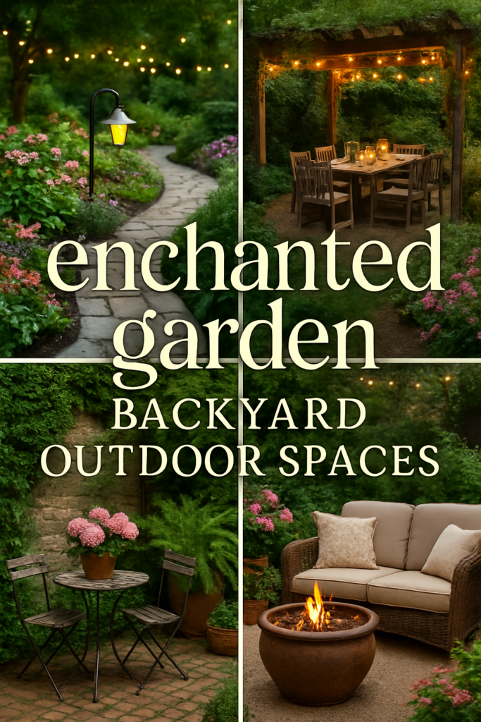 A collage of a charming garden with a path, an outdoor dining area with string lights, a cozy bistro set, and a fire pit with seating.