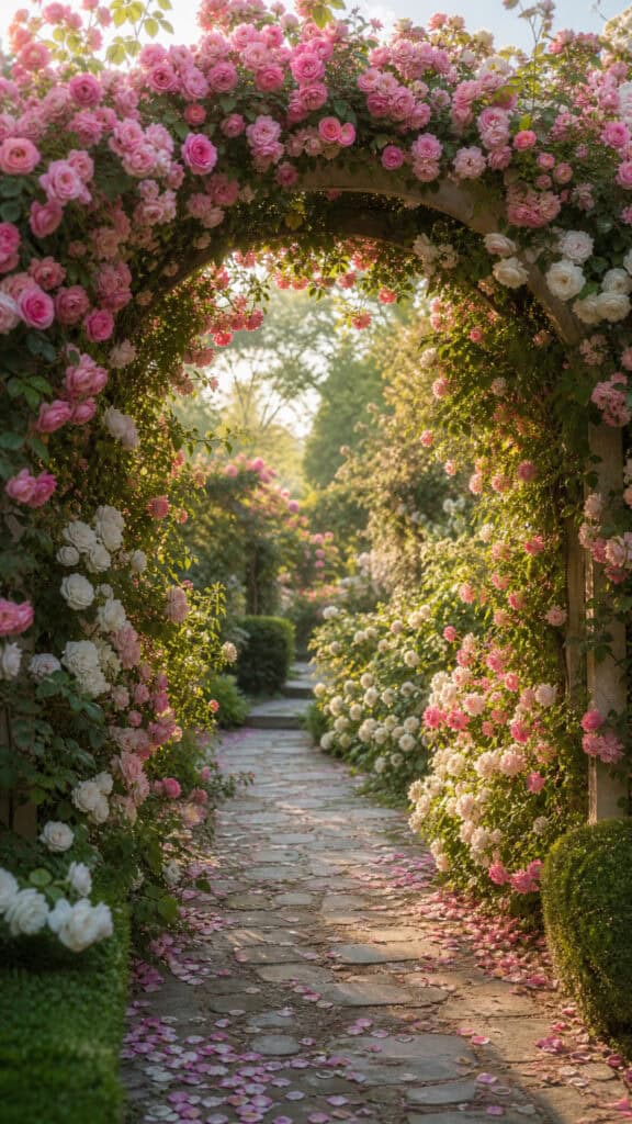Arched Garden Arbors Covered In Climbing Roses