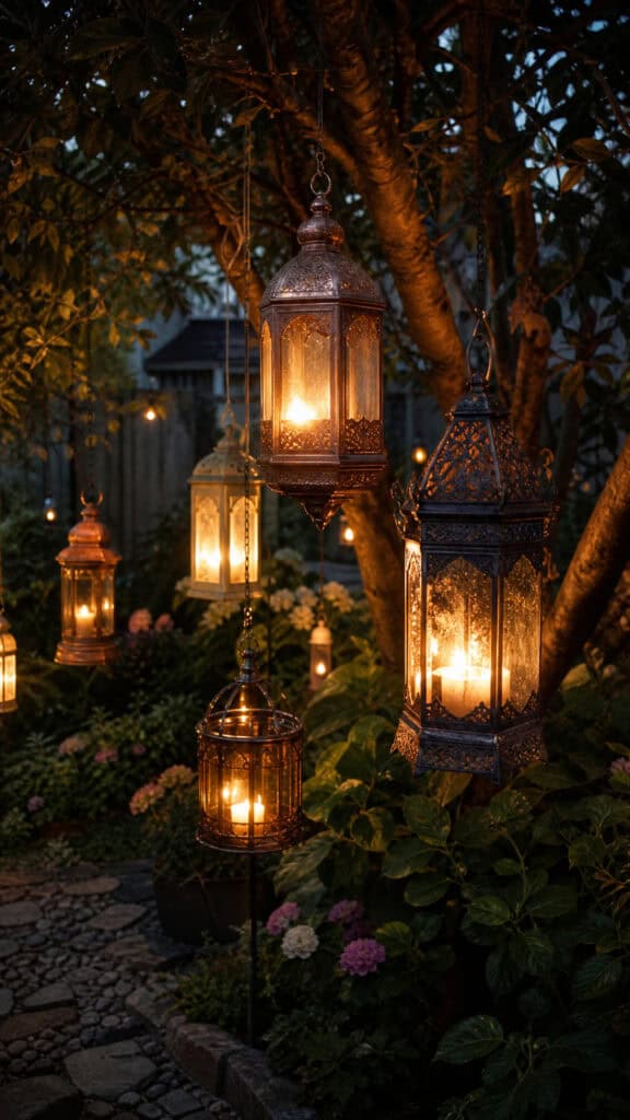 Vintage Lanterns Hanging From Tree Branches