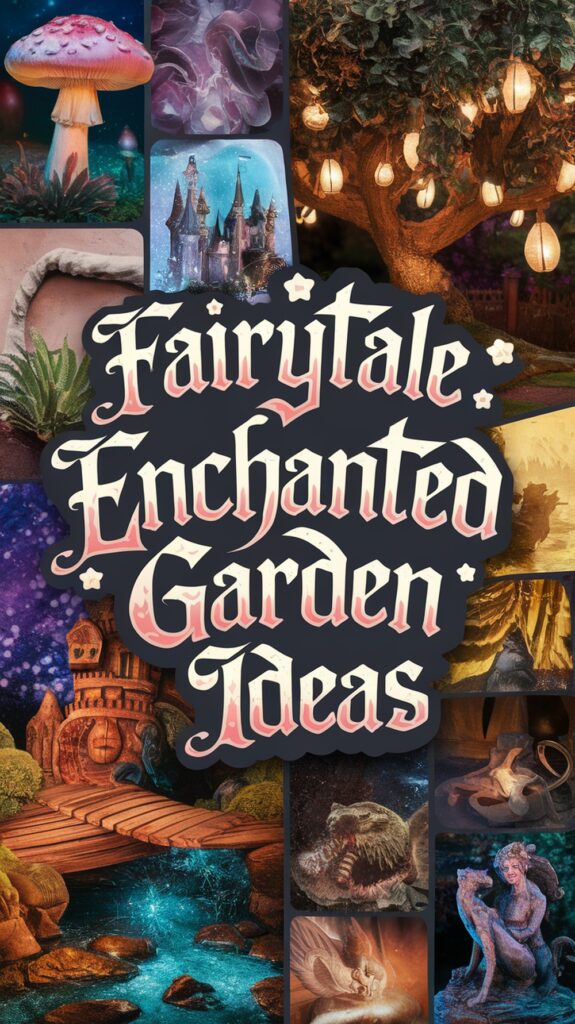 Collage of fairytale and enchanted garden ideas, featuring whimsical mushrooms, castles, lanterns, and celestial imagery, with "Fairytale Enchanted Garden Ideas" text.