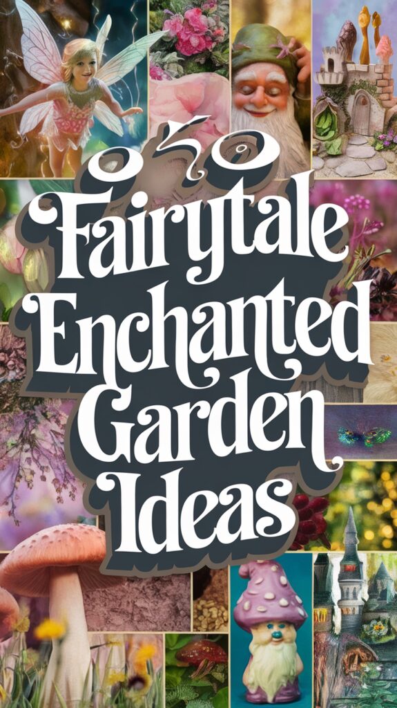 Collage of enchanted garden elements with fairies, mushrooms, and magic-themed decorations surrounding the text "Fairytale Enchanted Garden Ideas."