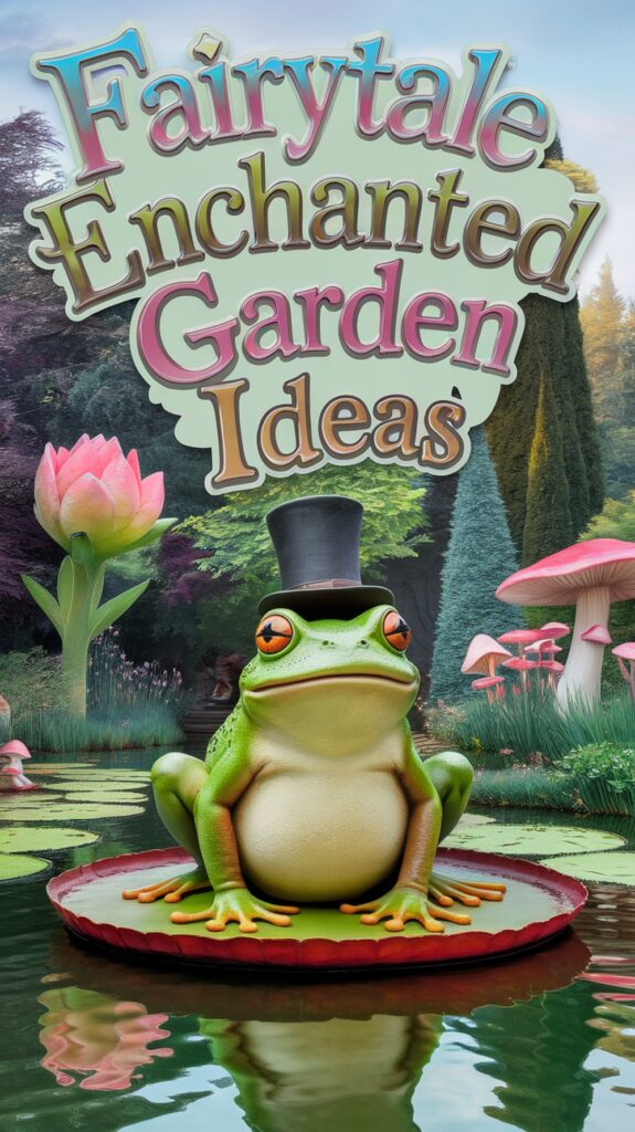A frog wearing a top hat sits on a lily pad in a whimsical garden, with the text "Fairytale Enchanted Garden Ideas" above.