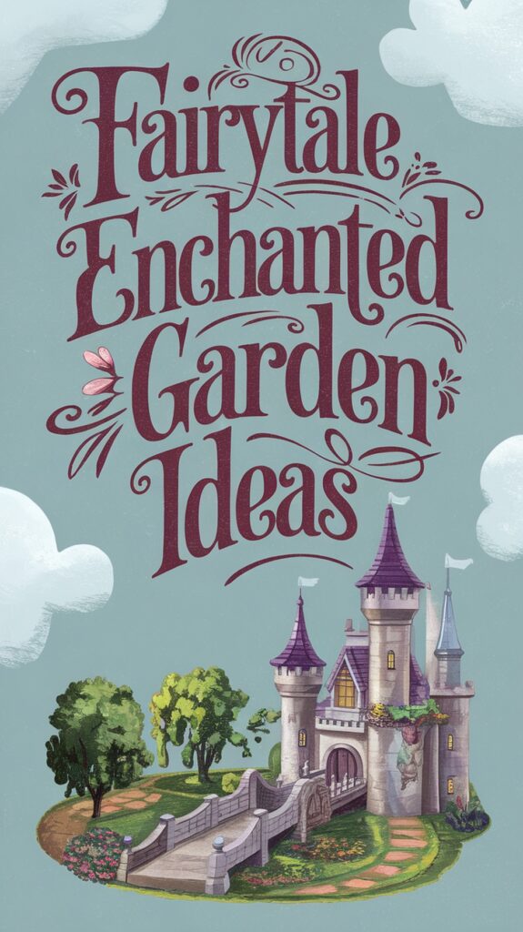 Illustrated castle with turrets surrounded by trees, with the text "Fairytale Enchanted Garden Ideas" above.