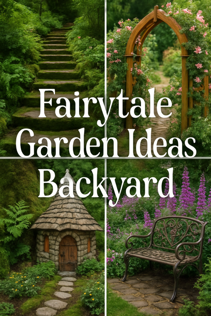 A quaint stone path leads to a wooden hut, rustic bench, floral archway, and mossy stone steps in a lush garden setting.