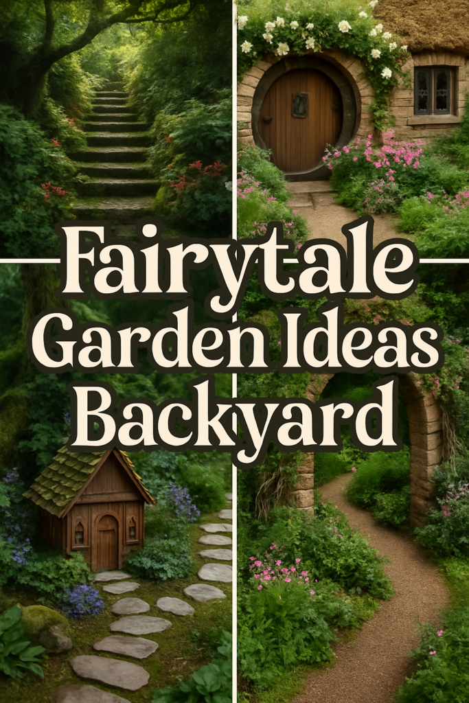 Collage of lush green gardens with stone paths, a small wooden hut, and a round wooden door surrounded by flowers.