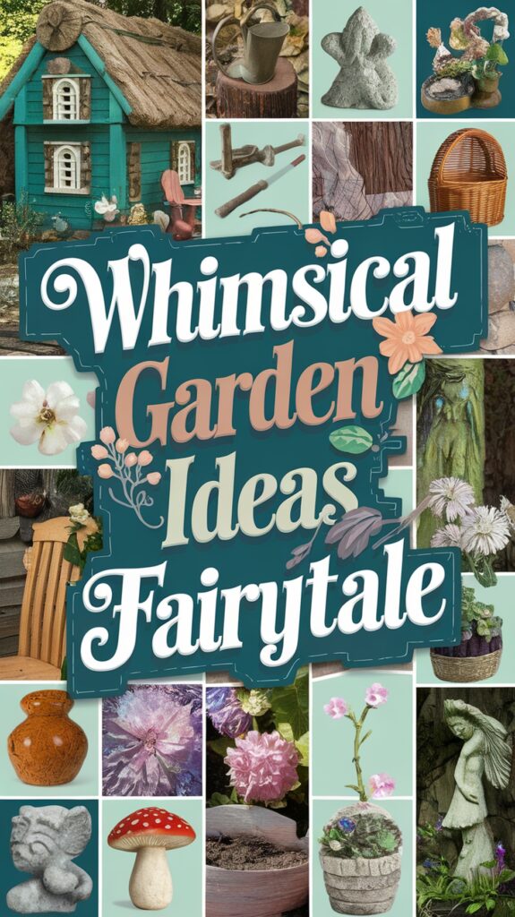 Collage of whimsical garden items, including a toadstool, flowers, fairy house, and birdhouses, with the text "Whimsical Garden Ideas Fairytale."