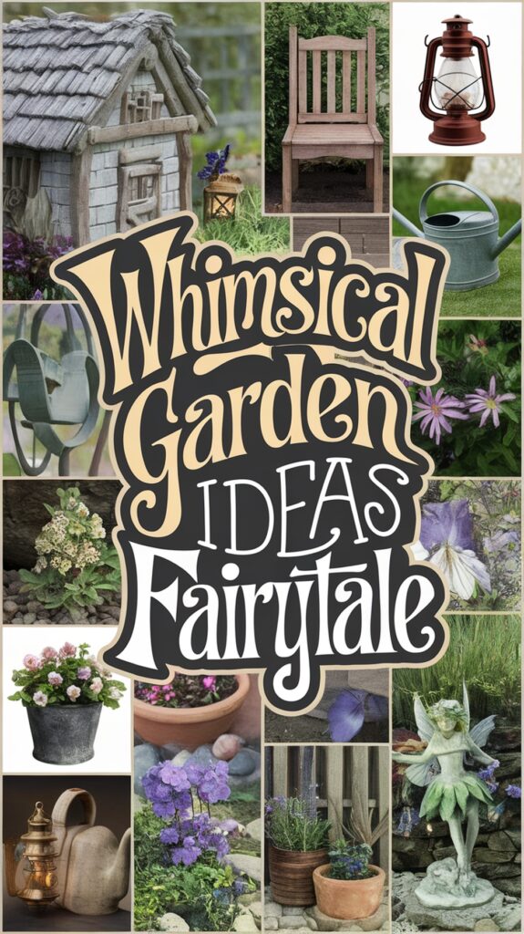 Collage with garden decor images, including a stone house, wooden chair, lantern, watering cans, potted flowers, and a fairy statue.