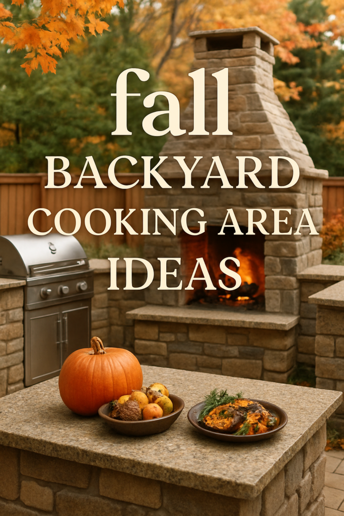 Outdoor cooking area with a stone fireplace, grill, pumpkin, and dishes, surrounded by autumn foliage.