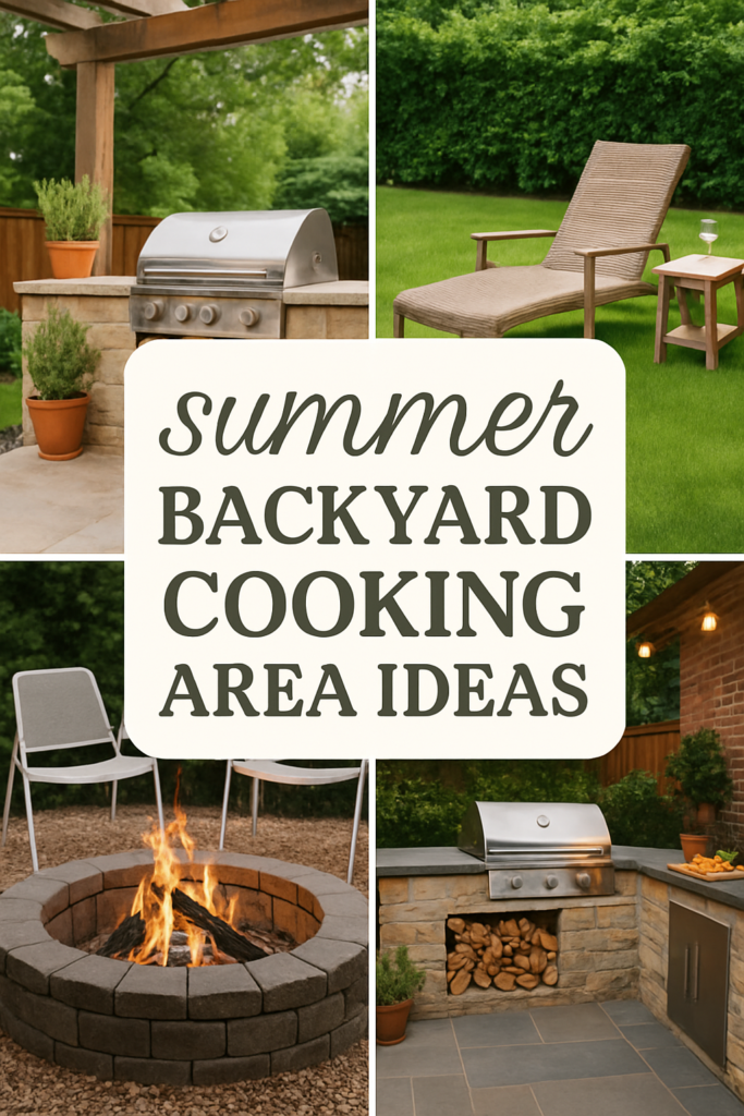 Collage of outdoor cooking and relaxation areas with a grill, fire pit, and patio seating; text: "Summer Backyard Cooking Area Ideas."