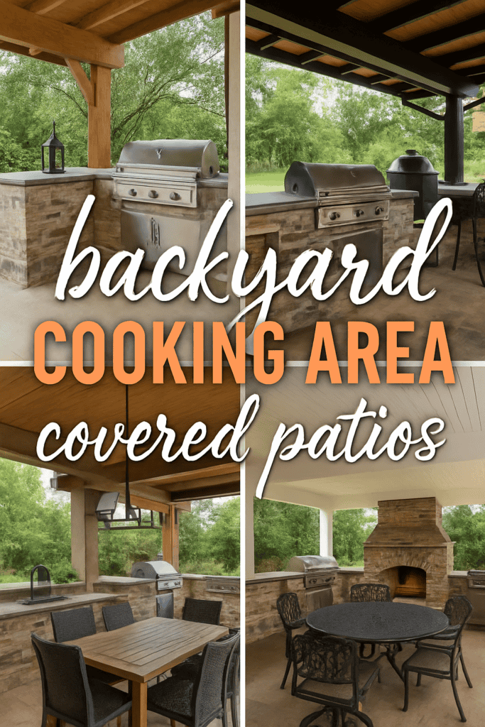Outdoor cooking area with grill and dining table under a covered patio, surrounded by greenery.