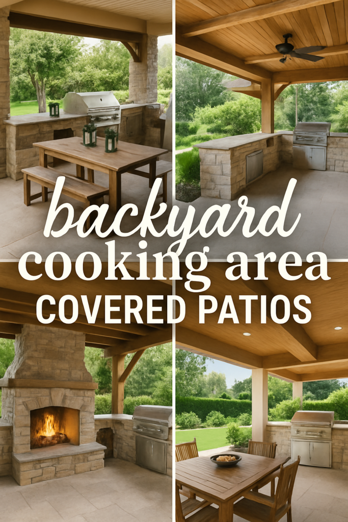 A covered patio with a fireplace, grill, and wooden dining set in a lush backyard setting.