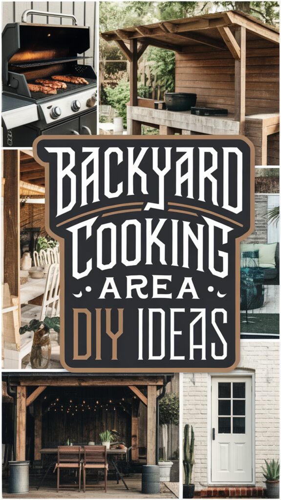 Collage of backyard cooking areas with a central text: "Backyard Cooking Area DIY Ideas."