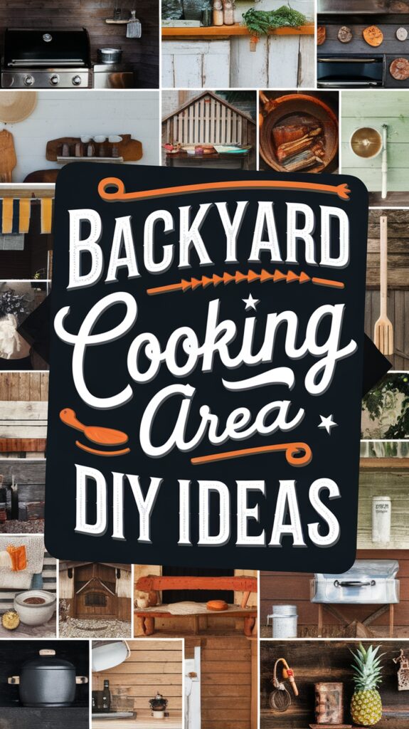 Collage of backyard cooking equipment and tools with the text "Backyard Cooking Area DIY Ideas."