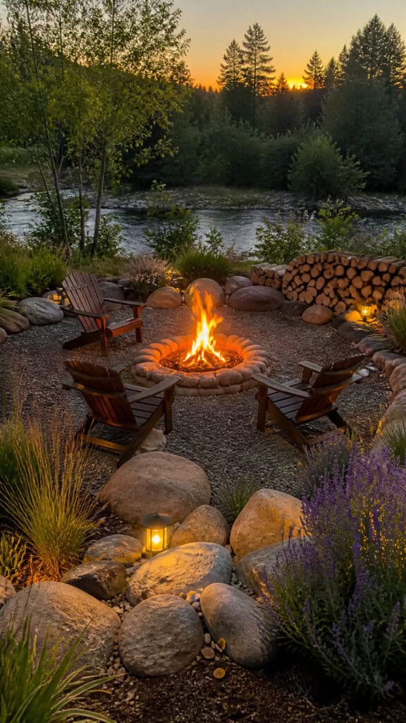 Rustic River Rock Border with Adirondack Chairs