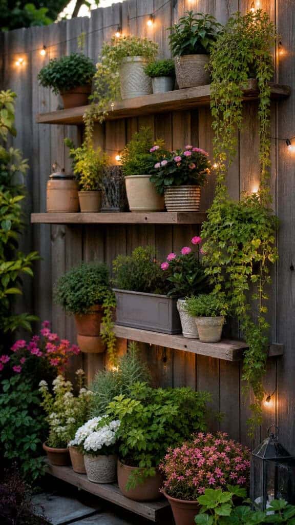 Potted Plant Display On Fence Shelves