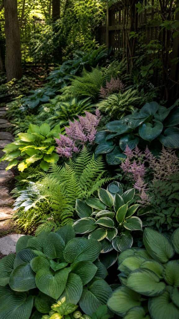 Shade Garden With Hostas And Ferns