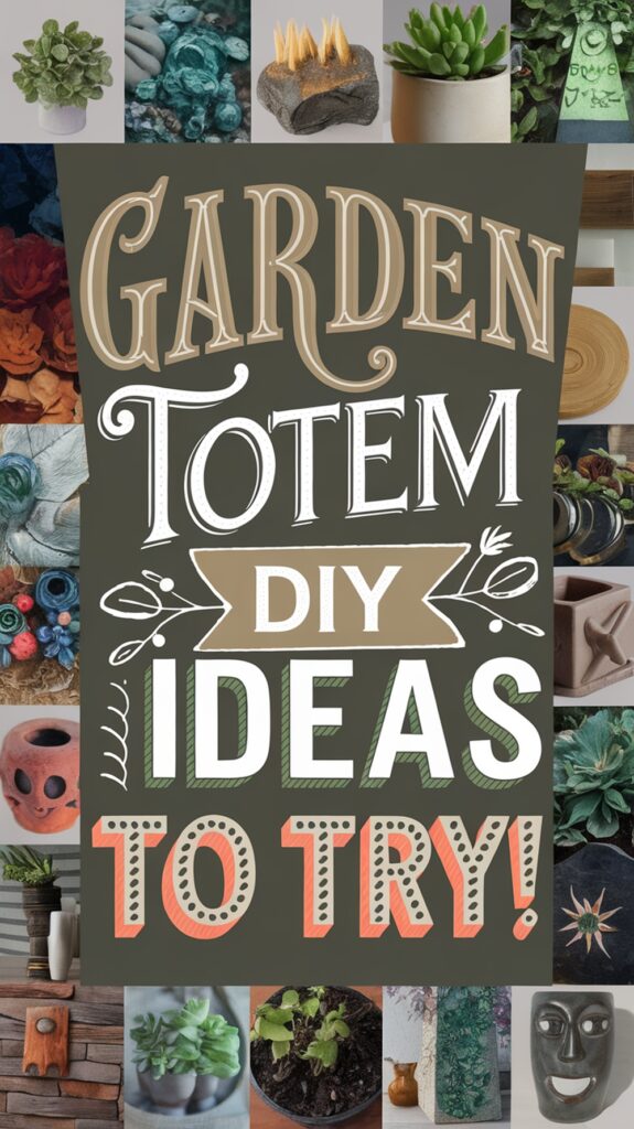 Collage of various decorated garden items surrounding the text "Garden Totem DIY Ideas To Try!"