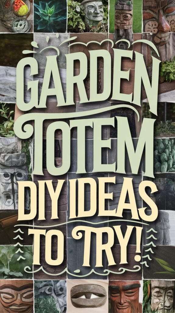 Collage of wooden totem faces with text "Garden Totem DIY Ideas to Try!" in large, decorative letters.