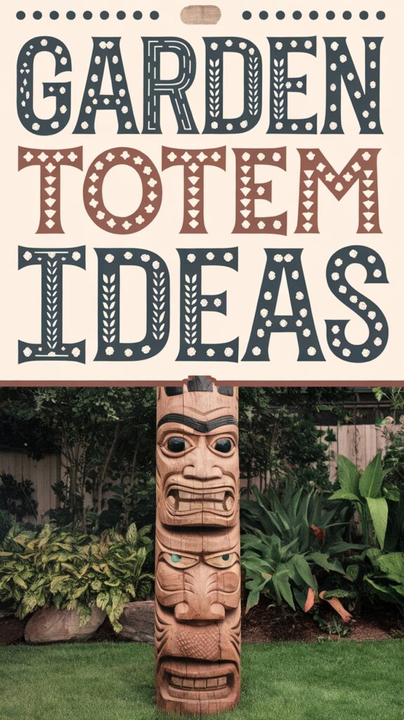 A wooden totem pole with carved faces stands in a garden, surrounded by lush greenery, with the text "Garden Totem Ideas" above it.