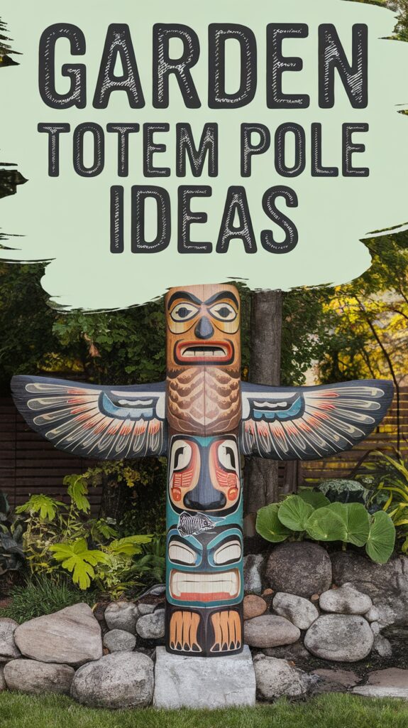 A colorful totem pole in a garden setting with large text reading "Garden Totem Pole Ideas" above it.