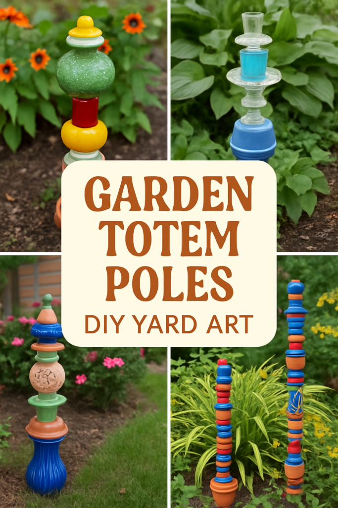 Colorful garden totem poles made from stacked, decorated glass and ceramic objects, surrounded by lush greenery.
