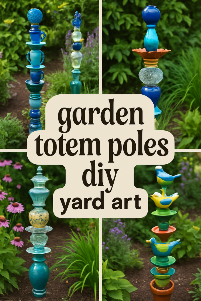 Colorful ceramic totem poles in a garden setting with text "garden totem poles diy yard art."