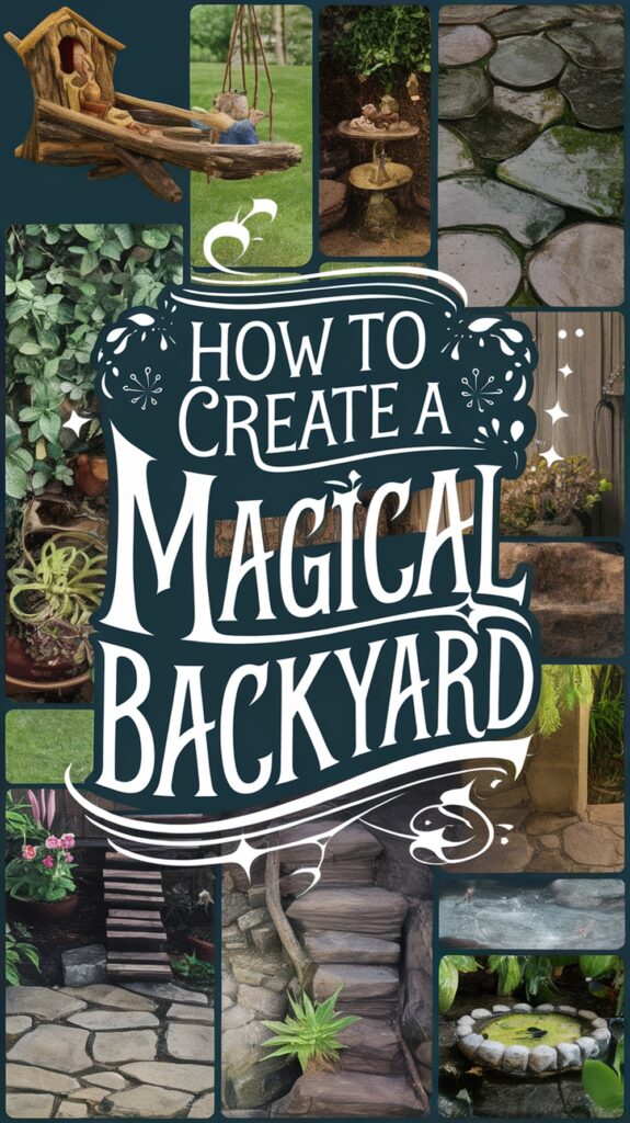 Collage featuring garden elements and the text "How to Create a Magical Backyard."
