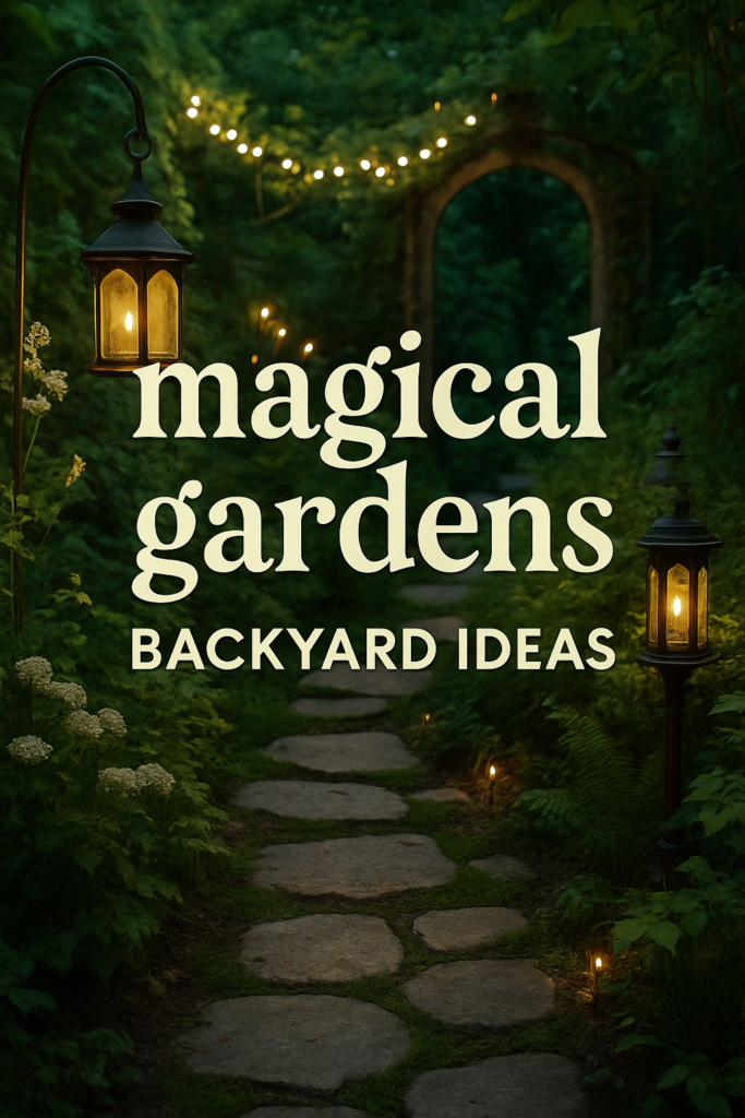 A stone path in a lush garden with lanterns and string lights, featuring text "magical gardens BACKYARD IDEAS."