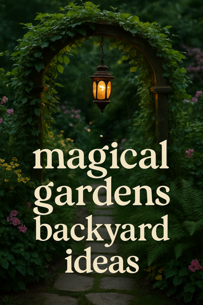 A garden path under an arch surrounded by lush greenery and a glowing lantern, with the text "magical gardens backyard ideas."
