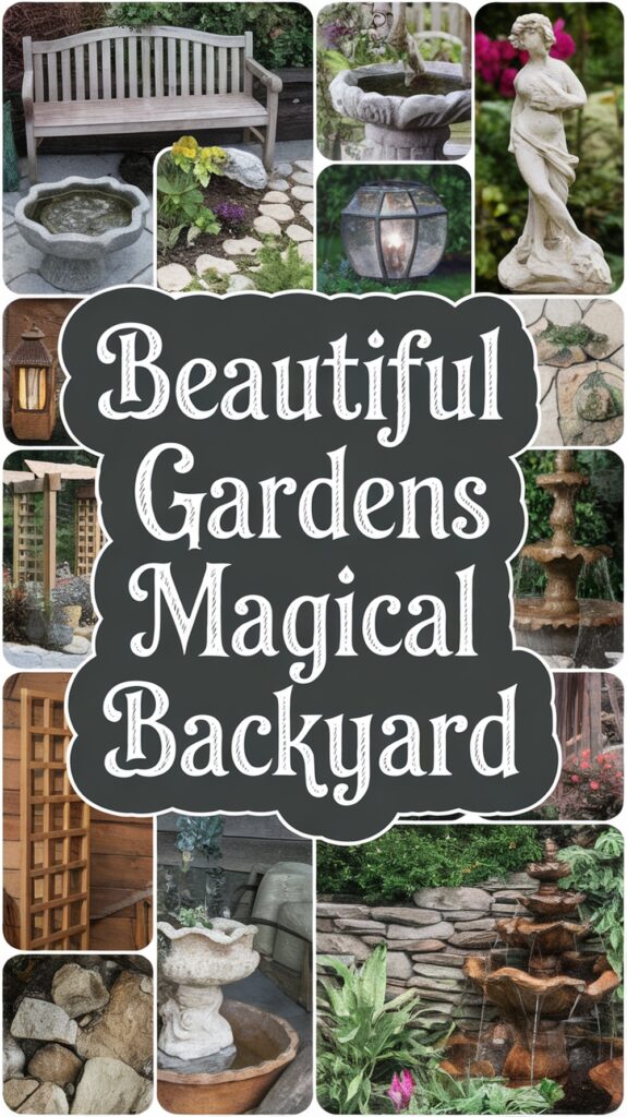 Collage of garden decor with bench, statues, fountain, and lanterns surrounding the text "Beautiful Gardens Magical Backyard."