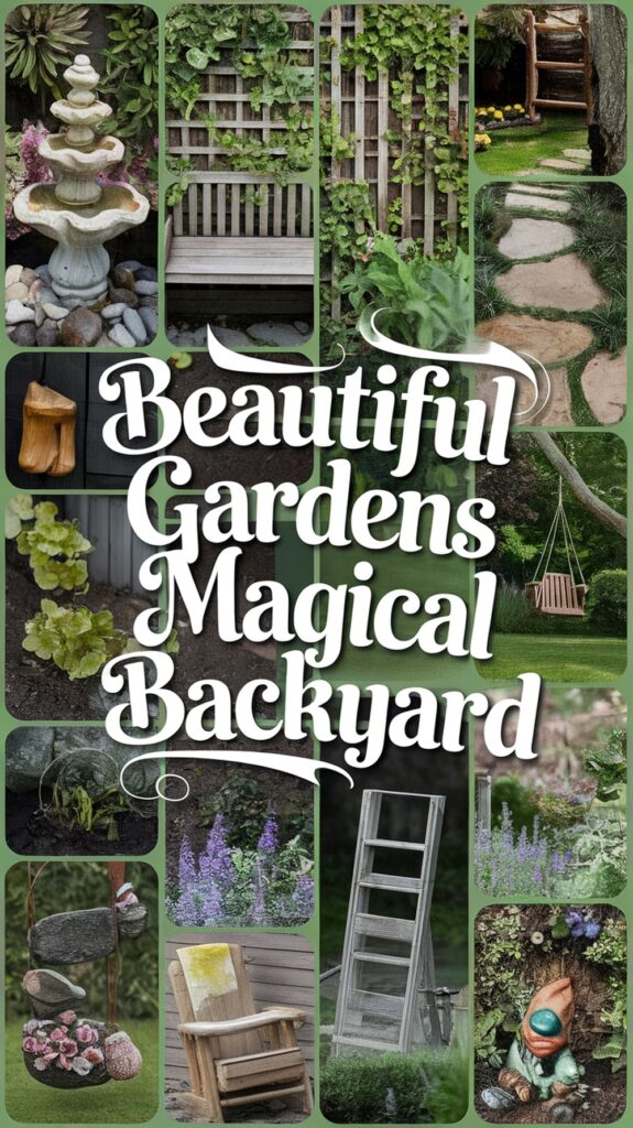 Collage of garden images featuring plants, a water fountain, pathways, wooden benches, a swing, and rustic garden decorations.