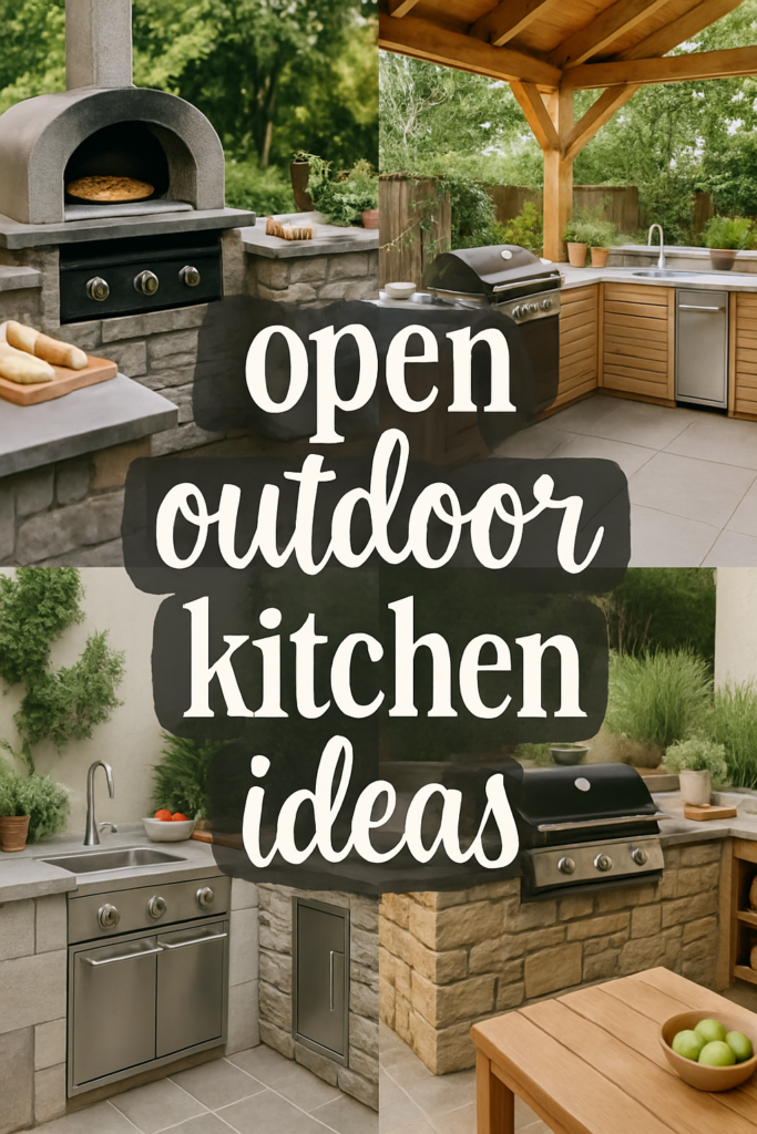 Collage of outdoor kitchens with grills, a pizza oven, and countertops, overlaid with the text "open outdoor kitchen ideas."