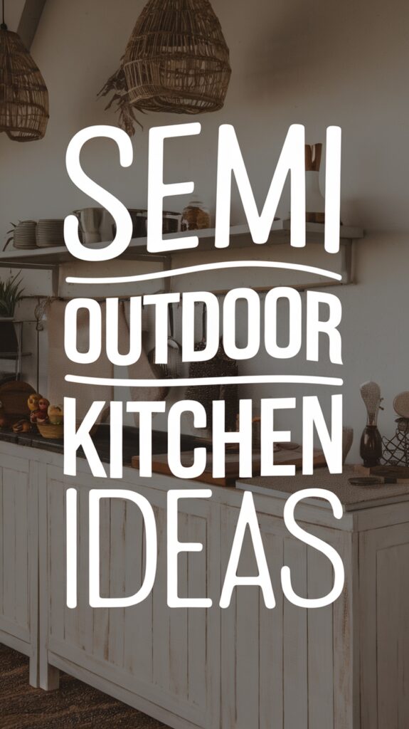 Text reads "Semi Outdoor Kitchen Ideas" over a rustic kitchen setting.
