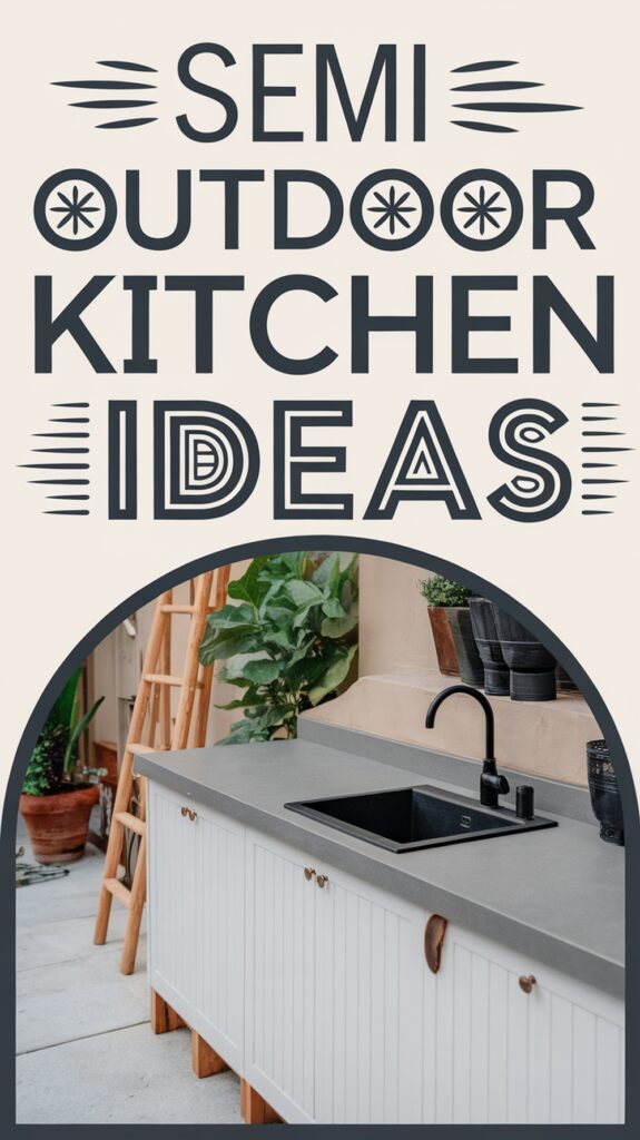 Text reads "Semi Outdoor Kitchen Ideas" above an image of a modern kitchen counter with a sink and plants.