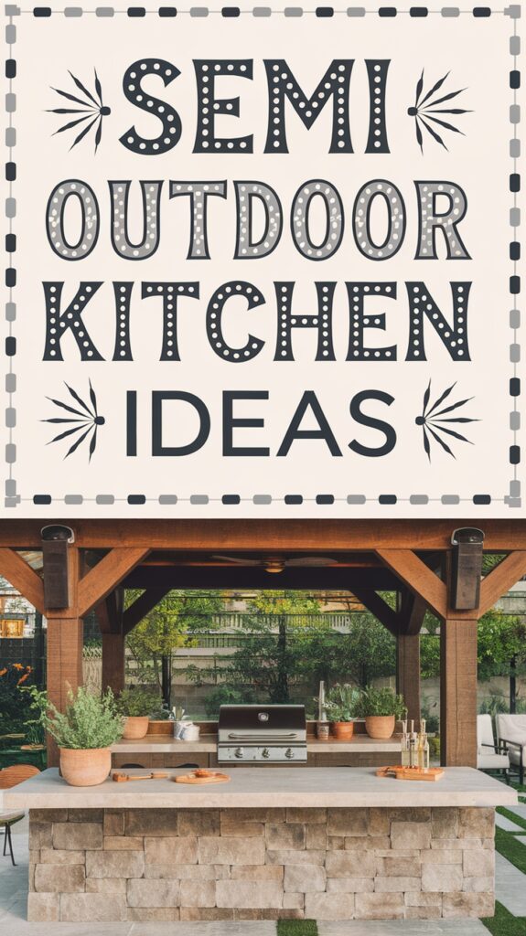 A covered outdoor kitchen with a stone island and grill, set against a garden backdrop, with text: "SEMI OUTDOOR KITCHEN IDEAS."