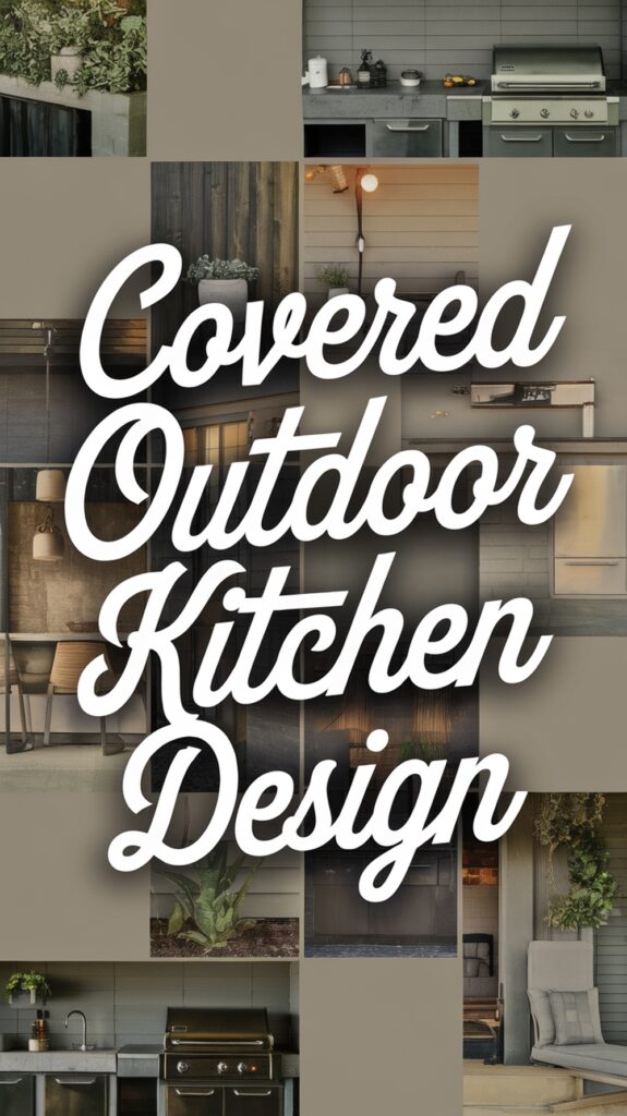 Collage of outdoor kitchen designs with the text "Covered Outdoor Kitchen Design" in large white letters.