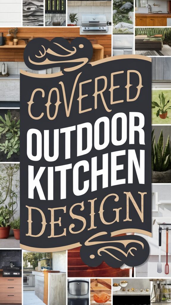 Collage of outdoor kitchen elements surrounding text: "Covered Outdoor Kitchen Design".