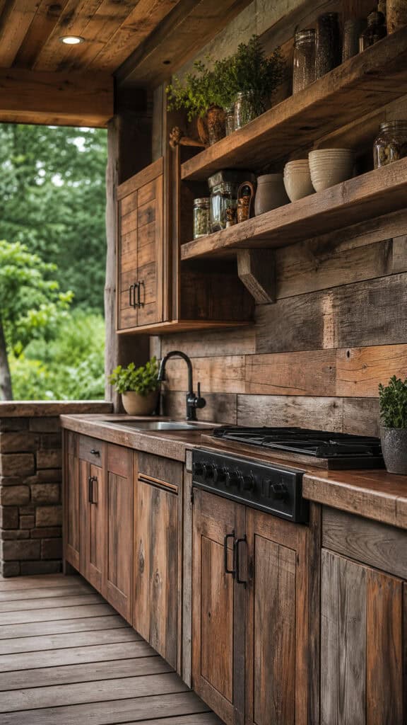 Reclaimed Wood Cabinets with Open Shelving